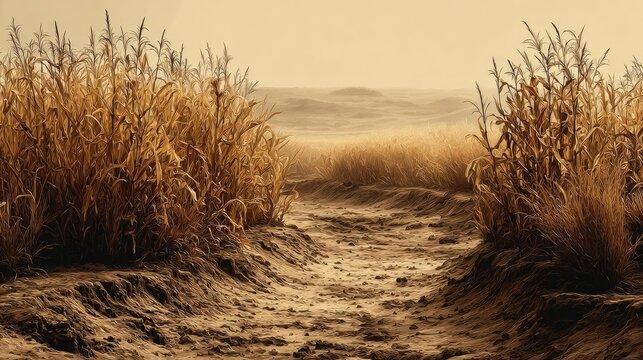 Drought effect visible in dry cornfield landscape concept. A tranquil pathway through golden grasslands at sunset.