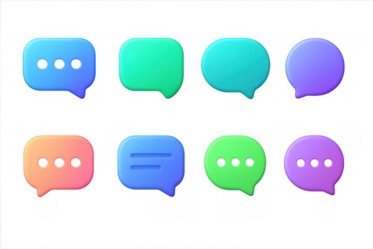 Colorful 3d chat bubble icons set on black background for digital communication