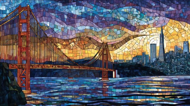 Vibrant mosaic art of golden gate bridge and san francisco skyline at dusk