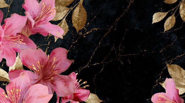 Fototapeta Close up of vibrant pink cherry blossoms with golden leaves on a dark background