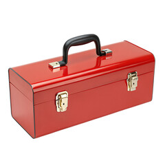 Red metal toolbox with black handle and secure latch lock mechanism for safe tool storage