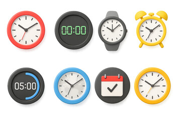 Diverse collection of modern clocks and timers in 3d render