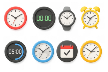Diverse collection of modern clocks and timers in 3d render