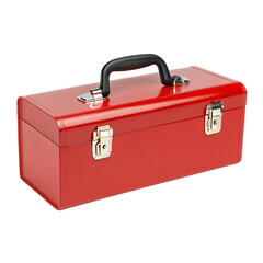 Portable red metal toolbox with handle and secure latches for tool storage and organization needs