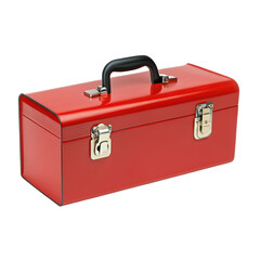 Red metal toolbox with secure locks and handle for organized tool storage and easy portability