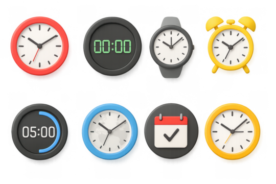 Diverse collection of modern clocks and timers in 3d render