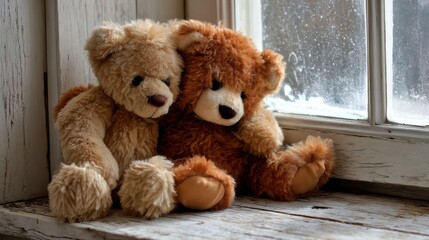 Obraz premium Vintage Embrace: Two Teddy Bears Sharing Love on a Window Sill for February 14th