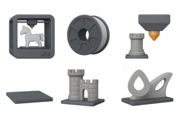 3d printing elements and icons featuring printer, nozzle, and chess pieces