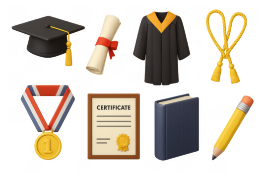 Education and graduation icons: cap, diploma, gown, medal, certificate, book, pencil