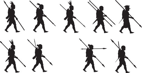 Obraz premium Silhouette tribal warriors walking with spears, primitive hunters, traditional culture, ancient lifestyle, indigenous people, survival journey, weapon combat, native tribe exploration, heritage