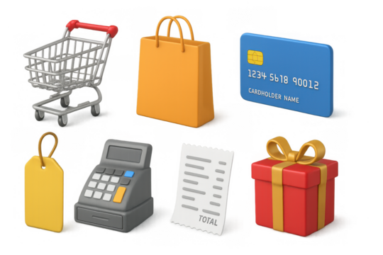 Realistic 3d shopping essentials: cart, bag, card, tag, register, receipt, gift