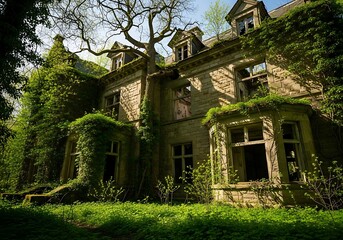 Overgrown facade of a deserted house nestled in dense foliage hinting at forgotten stories and past grandeur a