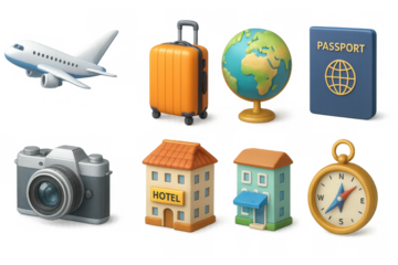 Travel essentials: airplane, luggage, and passport in modern 3d icons