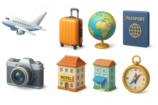 Travel essentials: airplane, luggage, and passport in modern 3d icons