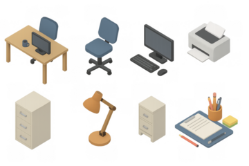Modern office essentials in isometric design with technology and furniture elements
