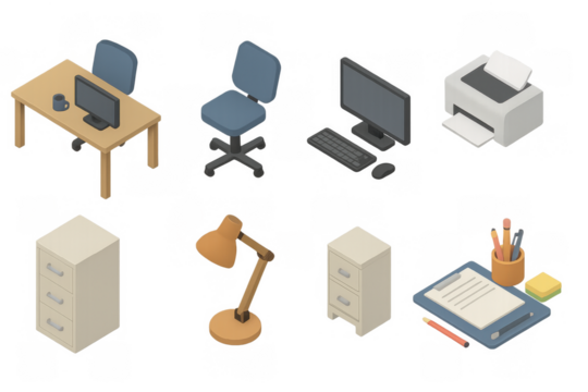 Modern office essentials in isometric design with technology and furniture elements