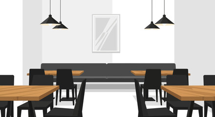 Stylized indoor dining area with tables and chairs in vector format