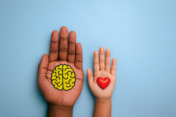 Adult and child hands with brain and heart symbol of health and care