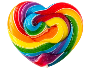 Bright Rainbow Heart-Shaped Lollipop, Close-Up with Glossy Finish, Transparent Background