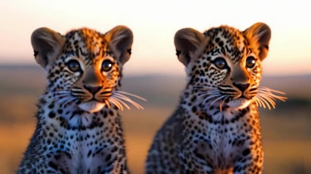 Two leopard cubs sit on a sunlit rocky outcrop, gazing into the distance as the savannah glows in the background.