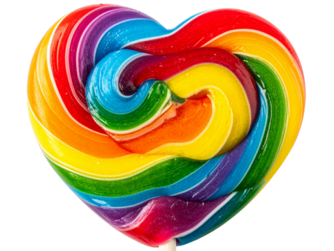 Bright Rainbow Heart-Shaped Lollipop, Close-Up with Glossy Finish, Transparent Background