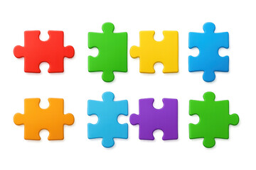 Multicolored puzzle pieces collection on transparent background