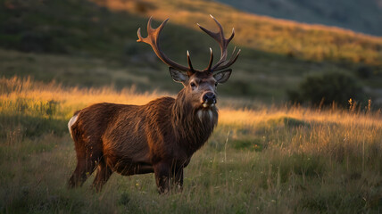Naklejka premium Majestic Stag Standing in Golden Meadow at Sunset