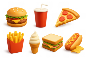Fast food collection with 3d icon set featuring pizza, burger, and more