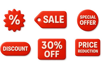 Bold red promotional tags with discounts and special offers in modern 3d design