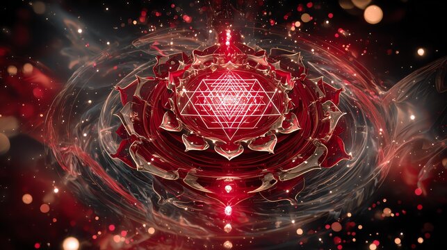 Vibrant abstract lotus with mystical elements. Mandala sacred geometry root chakra Sri Yantra mandala red root chakra art mandala root chakra design