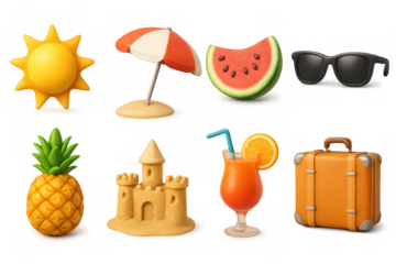 Summer icons set featuring beach elements: sun, umbrella, watermelon, and more