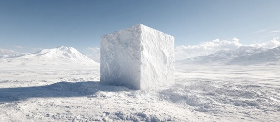 Ice cube stands alone in vast, snow-covered landscape under a bright blue sky