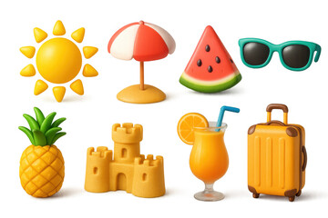 Summer essentials: 3d icons of sun, beach, and vacation items