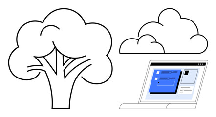 Laptop screen with digital interface alongside a tree and clouds. Ideal for cloud computing, technology, sustainability, data management, eco-conscious innovation, digital workspace, simple flat