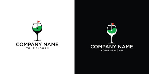Wine glass logo design template with golf flag. Vector illustration.