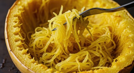 Baked Spaghetti Squash Pulled with Fork on Baking Pan