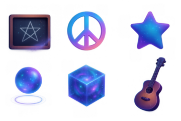 Cosmic neon symbols and objects with gradient glow on black background