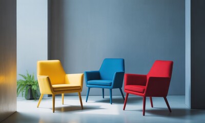 Fototapeta premium Modern, colorful armchairs in a minimalist room