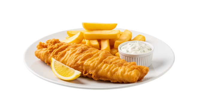 Fish and chips with tartar sauce and lemon isolated isolated on transparent background