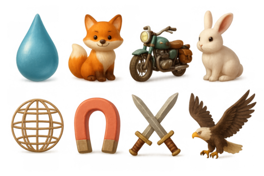 Charming 3d icons set featuring animals, magnet, and motorcycle designs