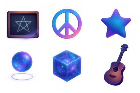Cosmic neon symbols and objects with gradient glow on black background