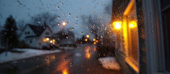 Raindrops on glass, blurry lights outside, houses, dark, winter, street