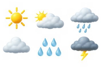 Realistic weather icons: sun, clouds, rain, and thunder
