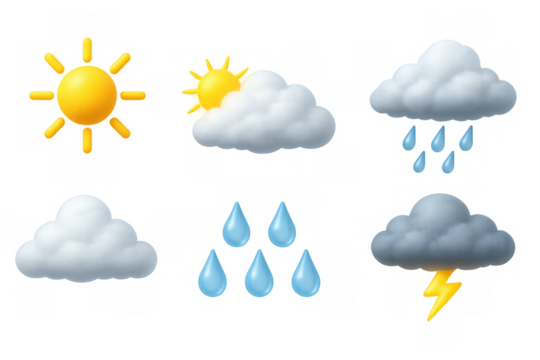 Realistic weather icons: sun, clouds, rain, and thunder