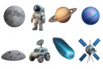 Astronaut and space elements: planets, moon, rover, comet, satellite in cartoon style