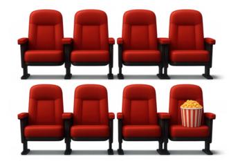 Red theater seating with popcorn bucket in modern cinema hall setting