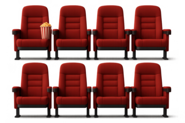 Red cinema chairs with popcorn bucket in classic theater arrangement