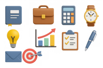 Colorful 3d business icons set featuring office and planning elements