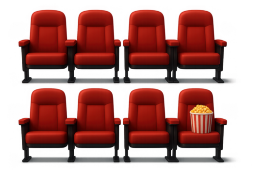 Red theater seating with popcorn bucket in modern cinema hall setting