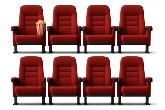 Red cinema chairs with popcorn bucket in classic theater arrangement